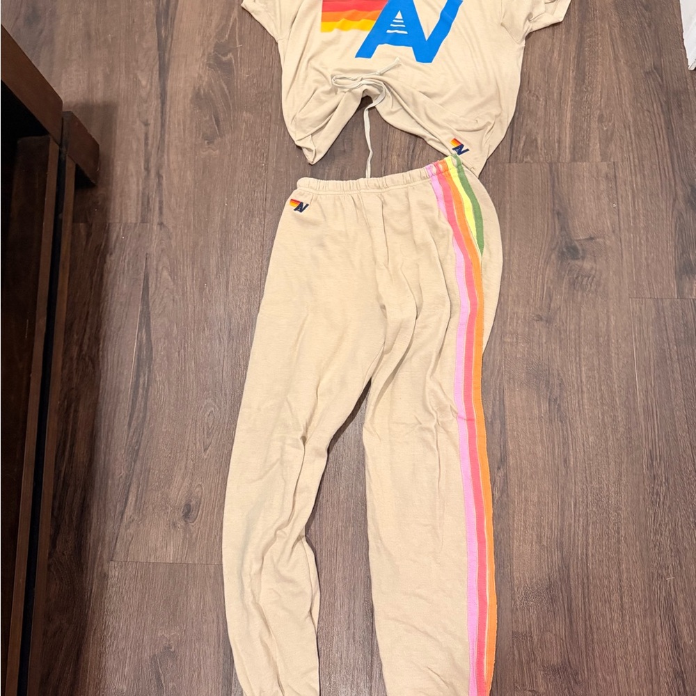 Aviator Nation Beige Joggers with Rainbow Stripes